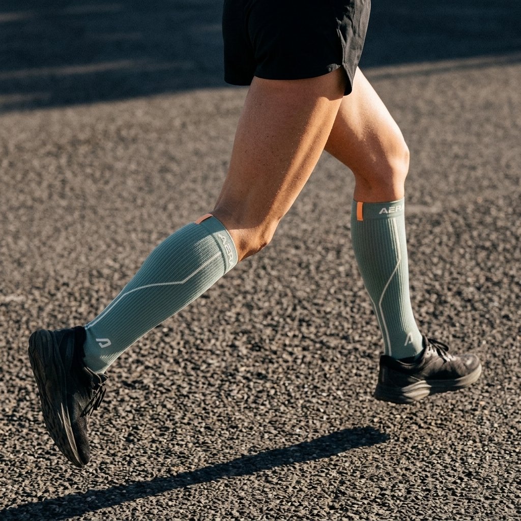 AERA Sage Horizon compression running socks – running on asphalt, side view with apricot signature tab