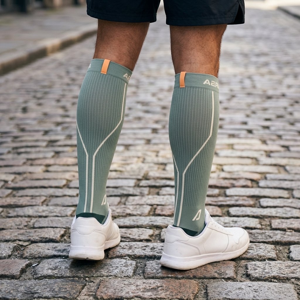 AERA Sage Horizon compression running socks – standing on cobblestones, back view of the cuffs