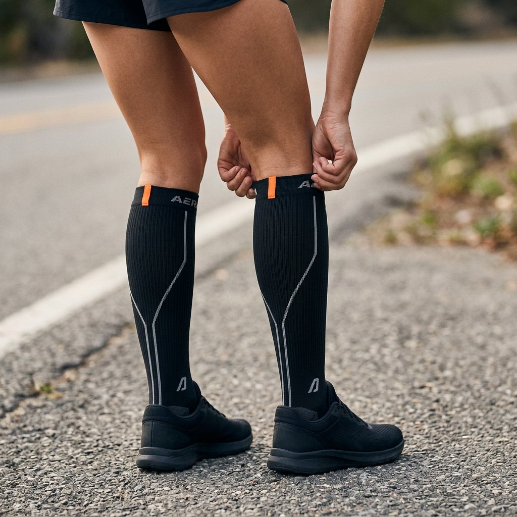 AERA Midnight Pace compression running socks – pulling up the socks before a run, back view
