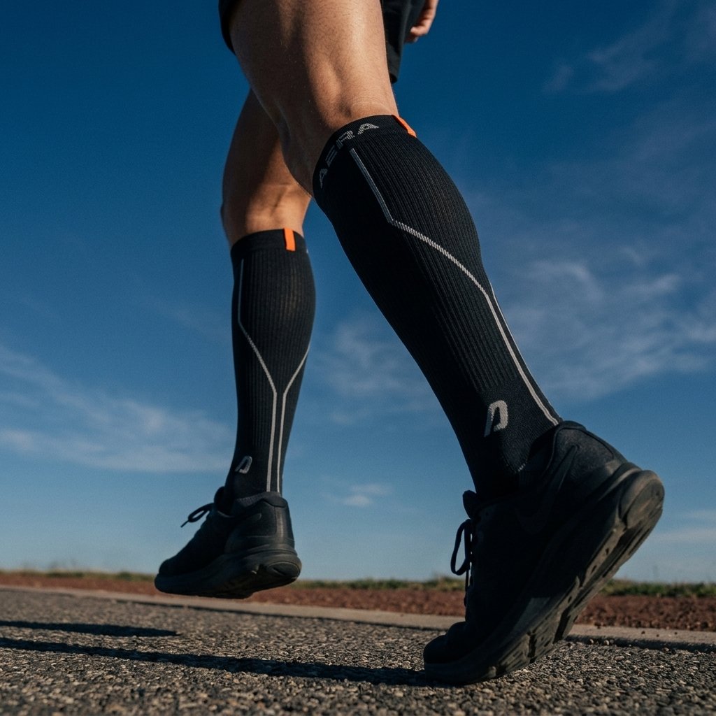 AERA Midnight Pace compression running socks – running on the road, low angle against a blue sky