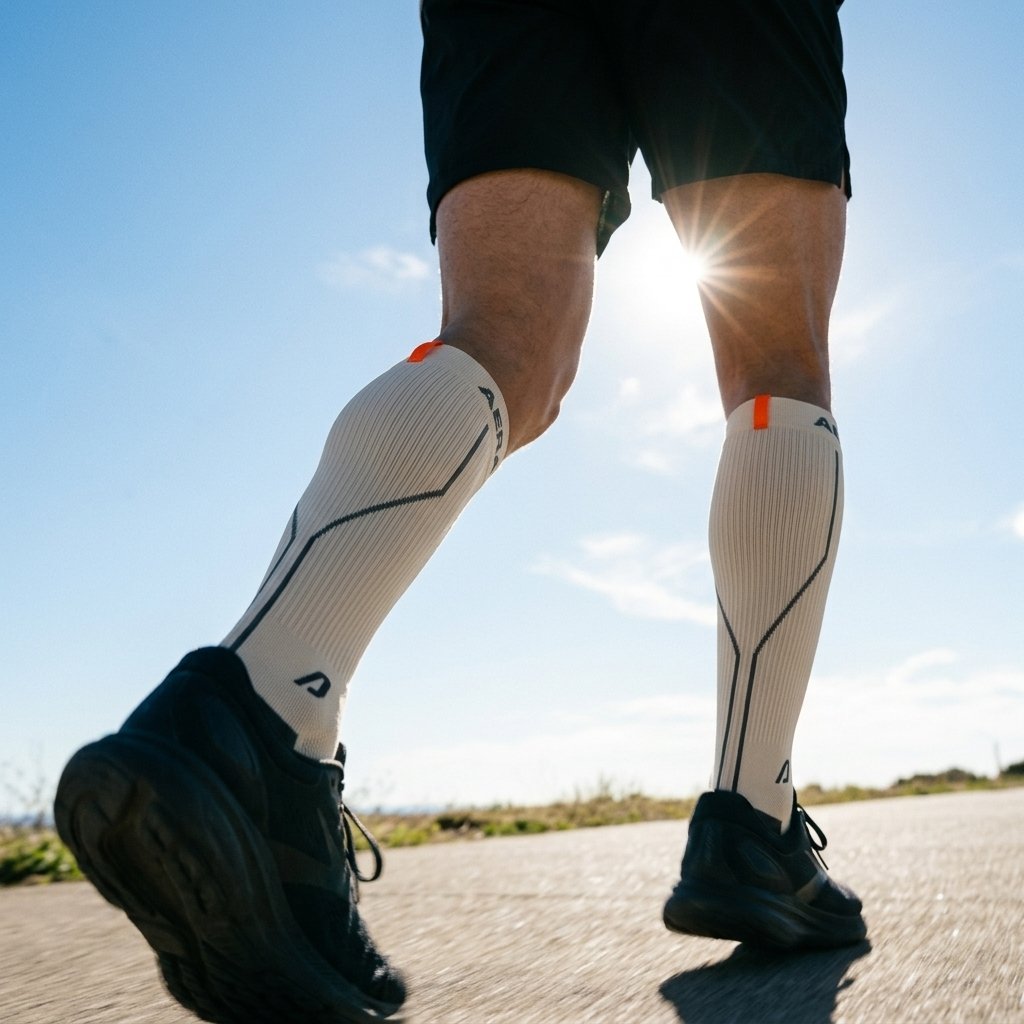 AERA Off White Ember compression running socks – running on a sunny path, side view with orange signature tab