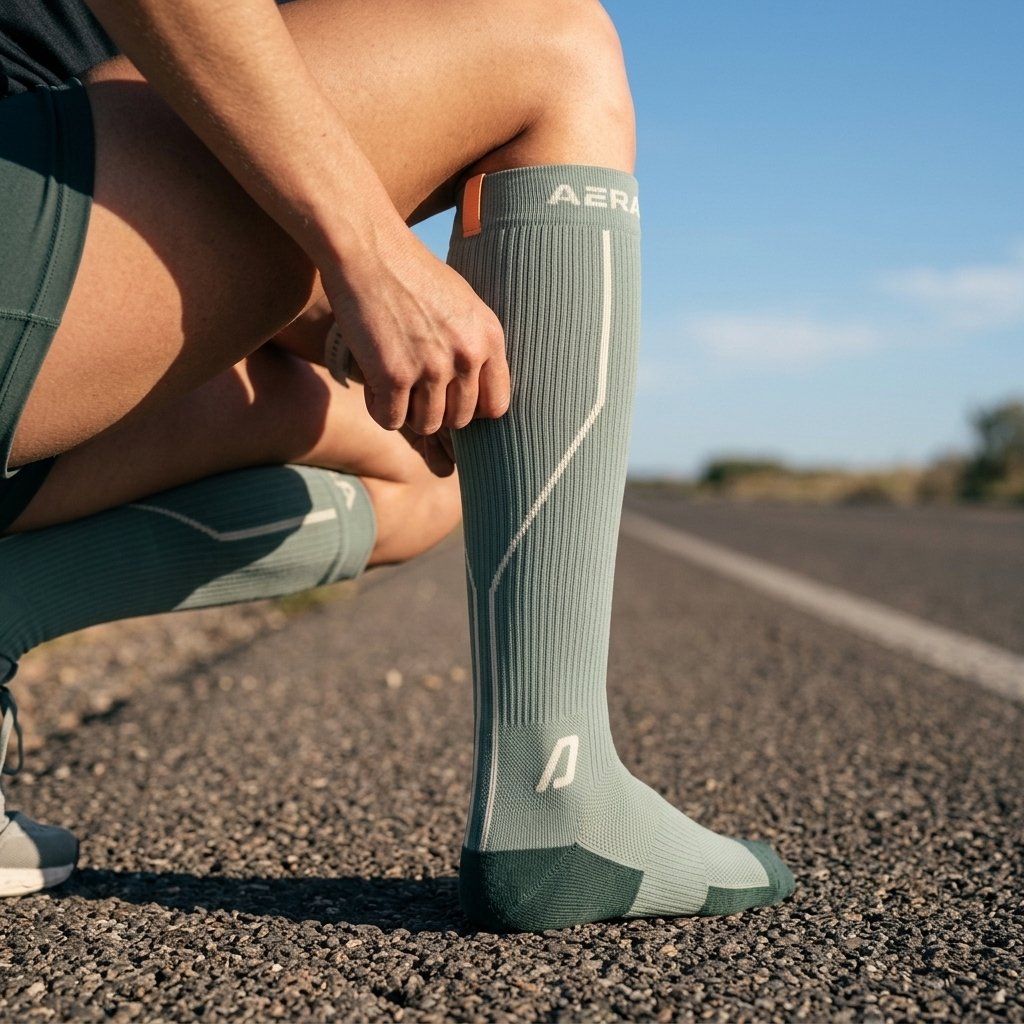 AERA Sage Horizon compression running socks – kneeling runner, side view with forest-green heel and toe